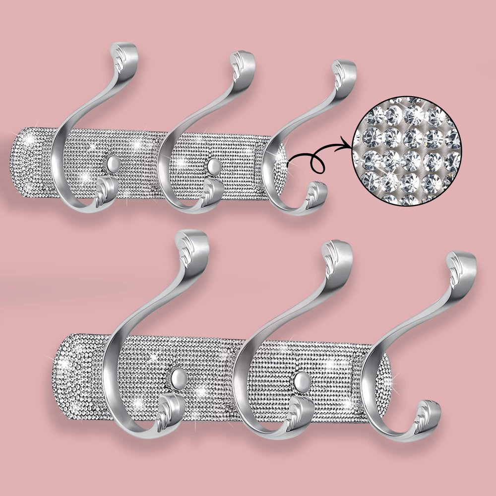 BlackFish 2Pcs Coat Rack Wall Mount,Shiny Silver Rhinestones Wall Mounted Coat Rack 3 Hooks,Coat Hangers for Wall for Coat Hat Towel Purse Robes Mudroom Bathroom Entryway