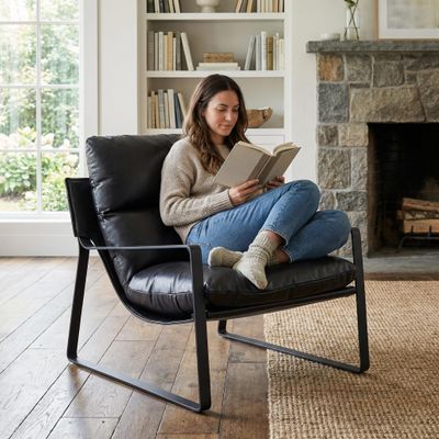 DUOMAY Mid-Century Accent Chair Armchair, Comfy PU Leather Leisure Chair Lazy Chair with Metal Leg for Living Room Bedroom Office Apartment, Black
