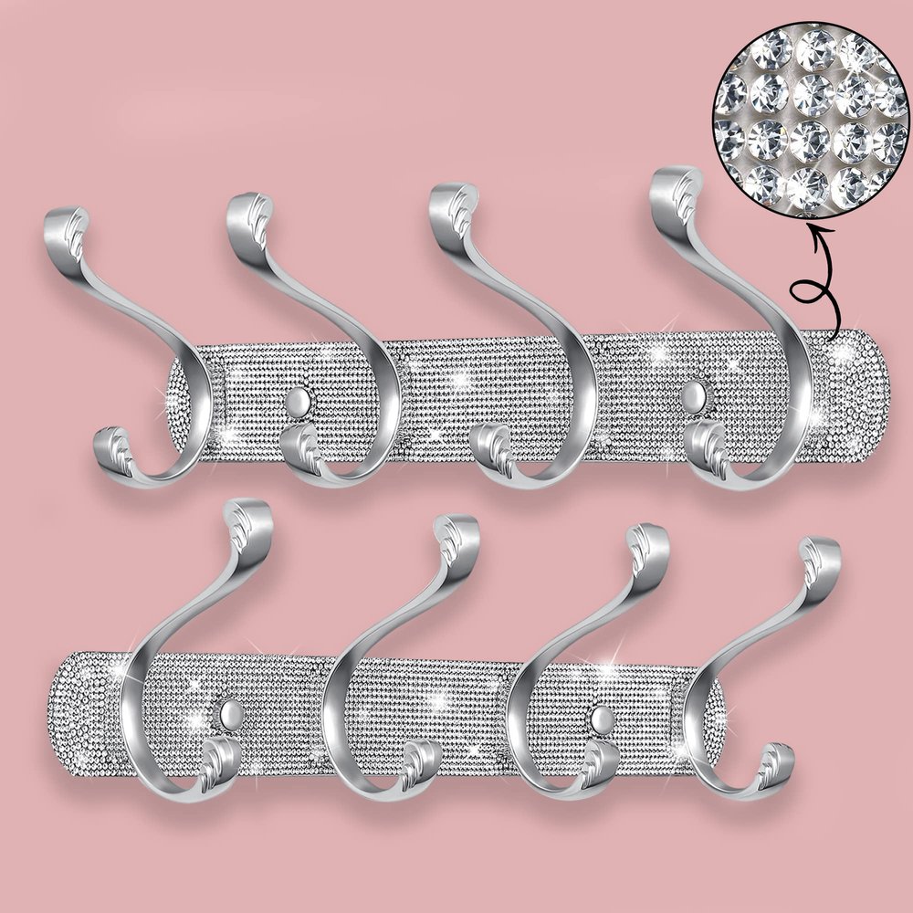BlackFish 2Pcs Coat Rack Wall Mount, Shiny Silver Rhinestones Coat Hooks, Key Holder for Wall, Suitable for Hat, Towel, Robes