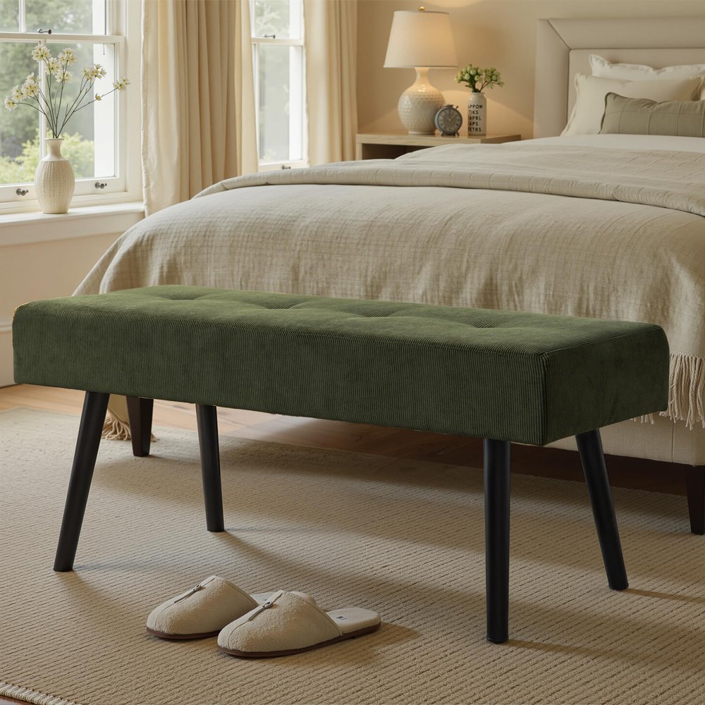Comfy to go Entryway Bench - Green Bench for Bedroom, Modern Ottoman End of Bed, Corduroy Padded Benches for Living Room, Foyer, Mudroom, Hallway - 39" L x 14" W x 17" H
