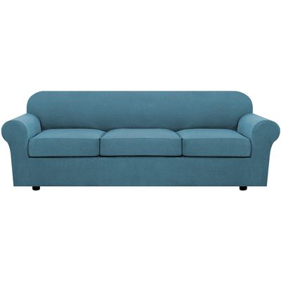 4 Piece Stretch Sofa Covers for 3 Cushion Couch Covers for Living Room Furniture Slipcovers (Base Cover Plus 3 Seat Cushion Covers) Upgraded Thicker Jacquard Fabric (XL Sofa, Storm Blue)
