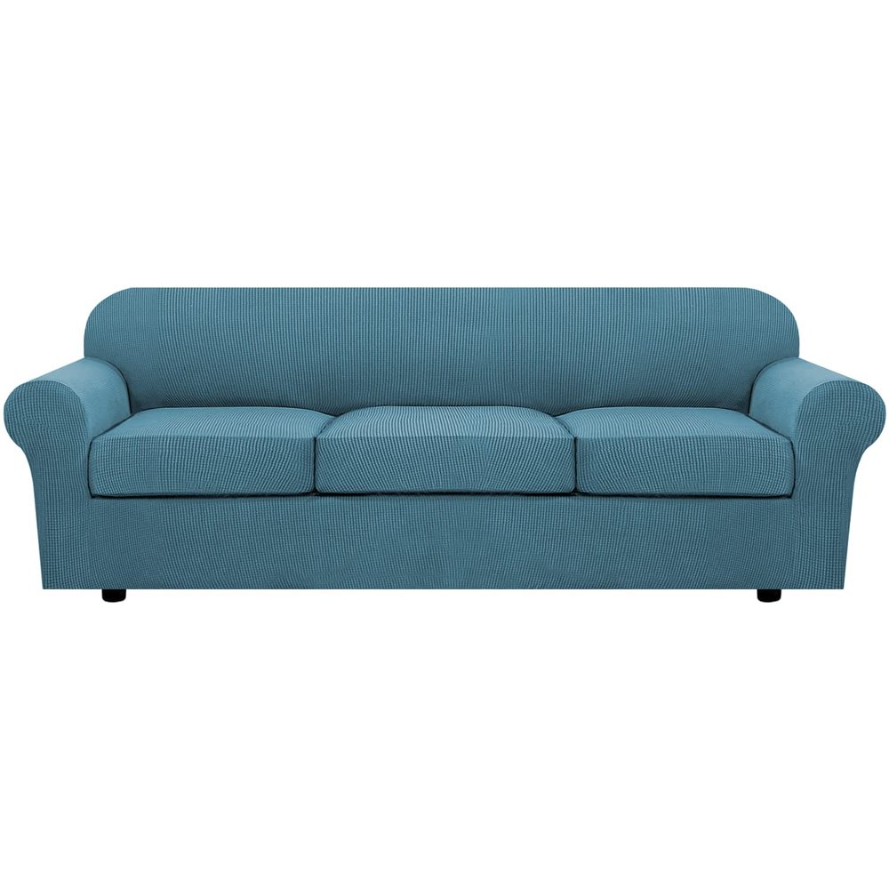 4 Piece Stretch Sofa Covers for 3 Cushion Couch Covers for Living Room Furniture Slipcovers (Base Cover Plus 3 Seat Cushion Covers) Upgraded Thicker Jacquard Fabric (XL Sofa, Storm Blue)