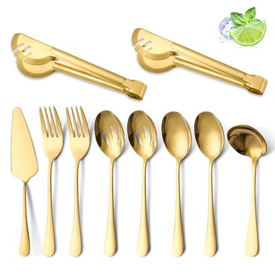 8 Piece Gold Serving Utensil Set Include Serving Forks Serving Spoons Slotted Serving Spoons Serving Tongs Stainless Steel Serving Silverware Set Kitchen Wedding Restaurant Server Buffet Catering