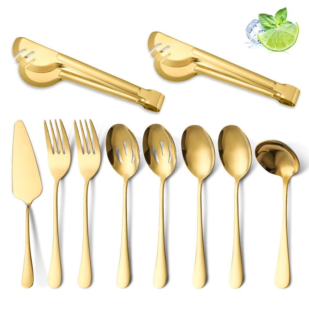 8 Piece Gold Serving Utensil Set Include Serving Forks Serving Spoons Slotted Serving Spoons Serving Tongs Stainless Steel Serving Silverware Set Kitchen Wedding Restaurant Server Buffet Catering