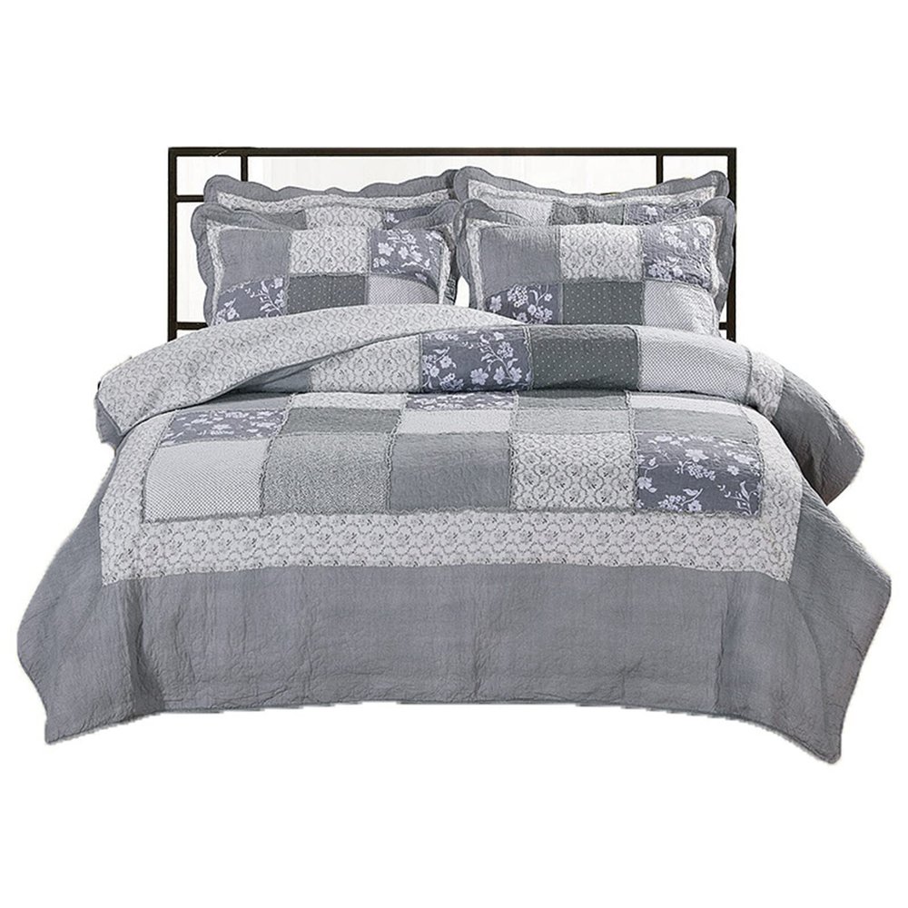 XXRBB Patchwork Bedspread Bed Cover Quilted Coverlet Lightweight Bedding Set, 2 Pillow Shams, Full/Queen(230X250cm) 91X98inch, Grey