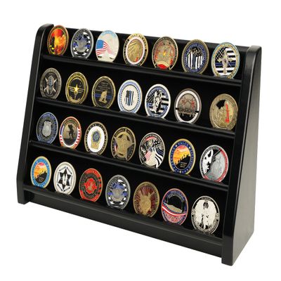 DecoWoodo Challenge Coin Display Case, 4 Row Military Coin Wooden Holder Rack Stand Holds 30 Coins for Desk or Wall Mount, Coin Holders for Collectors (Black Finish)