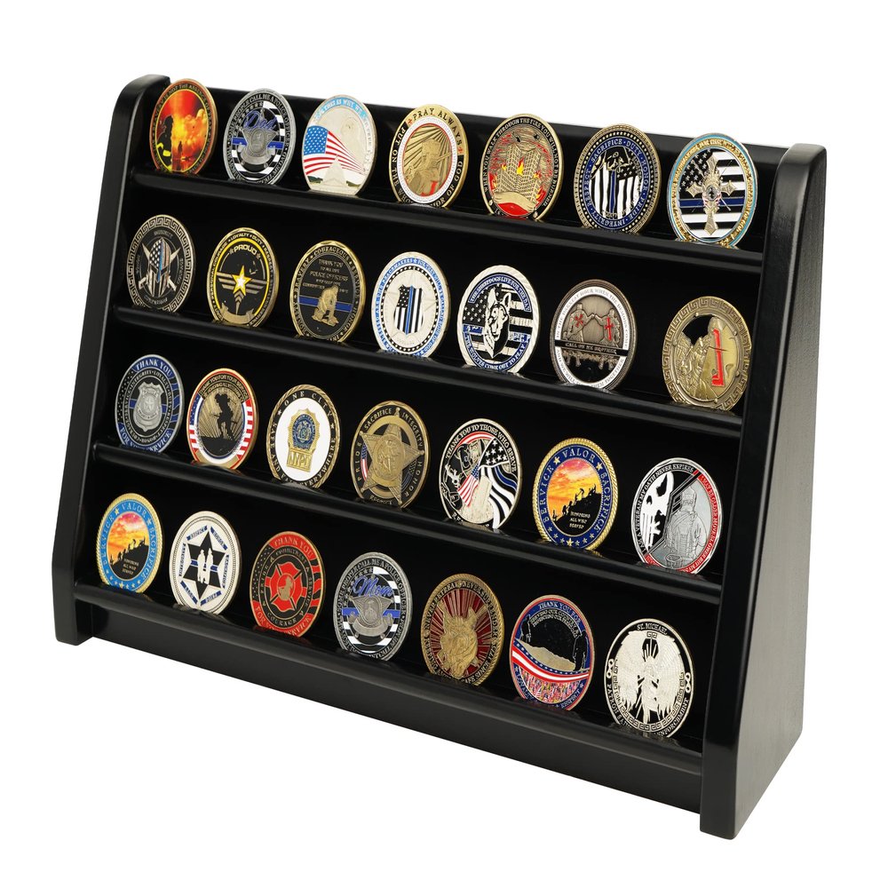 DecoWoodo Challenge Coin Display Case, 4 Row Military Coin Wooden Holder Rack Stand Holds 30 Coins for Desk or Wall Mount, Coin Holders for Collectors (Black Finish)