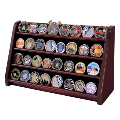 DecoWoodo Challenge Coin Display Case, 4 Row Solid Wood Military Coin Holder Rack Stand Holds 30 Coins for Desk or Wall Mount, Coin Holders for Collectors (Mahogany Finish)
