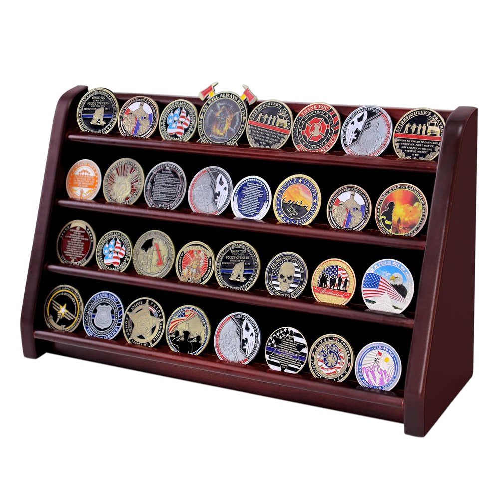 DecoWoodo Challenge Coin Display Case, 4 Row Solid Wood Military Coin Holder Rack Stand Holds 30 Coins for Desk or Wall Mount, Coin Holders for Collectors (Mahogany Finish)