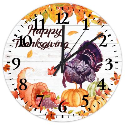 15 Inch Happy Thanksgiving Day Funny Turkey with Pumpkins Maple Leaves Wood Wall Clock Silent Non Ticking Welcome Halloween Thanksgiving Office Decor for Men Round Clock for Living Room Office