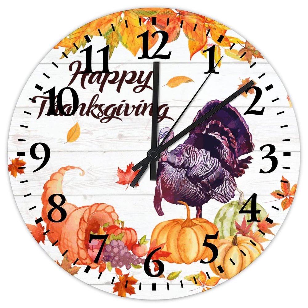 15 Inch Happy Thanksgiving Day Funny Turkey with Pumpkins Maple Leaves Wood Wall Clock Silent Non Ticking Welcome Halloween Thanksgiving Office Decor for Men Round Clock for Living Room Office