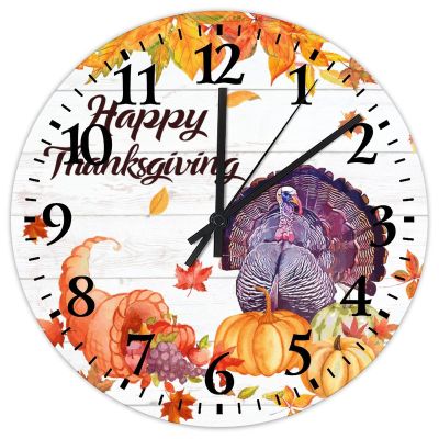 15 Inch Happy Thanksgiving Day Funny Turkey with Pumpkins Maple Leaves Clock Wooden Quality Quartz Non Ticking Seasonal Autumn Harvest Vintage Thanksgiving Wall Clock for Bedroom Round Clock