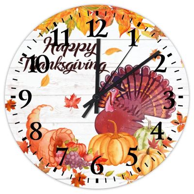 15 Inch Happy Thanksgiving Day Funny Turkey with Pumpkins Maple Leaves Wooden Wall Clock Silent Non-Ticking Autumn Thanksgiving Pumpkin Room Decorative Wall Clock Round Clock for Bedroom