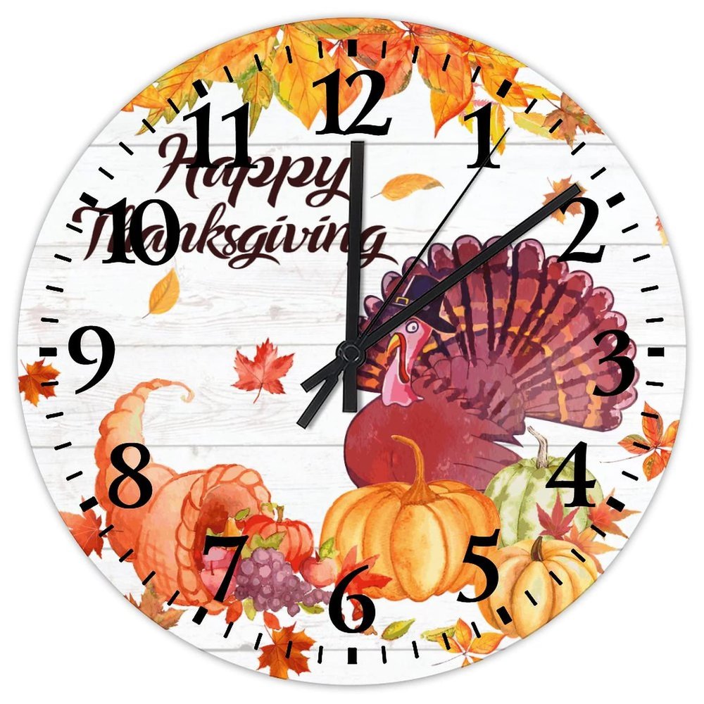 15 Inch Happy Thanksgiving Day Funny Turkey with Pumpkins Maple Leaves Wooden Wall Clock Silent Non-Ticking Autumn Thanksgiving Pumpkin Room Decorative Wall Clock Round Clock for Bedroom