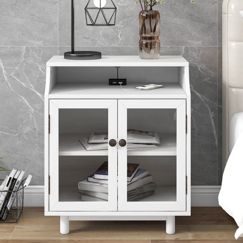 Modern Nightstand, Bedside Table with Storage Shelves and Glass Cabinets End Table with USB Ports Wooden Side Table, for Bedroom, Living Room, Study, Space Saving