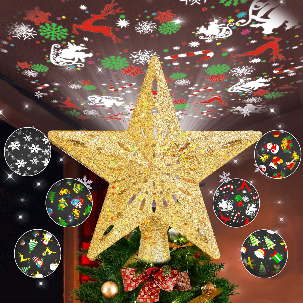 Winpull Christmas Tree Topper Lighted with 6 Pattern Projection Modes, Christmas Star Tree Topper Built-in LED Rotating Lights, Gold 3D Glitter Dynamic Projector for Christmas Decorations