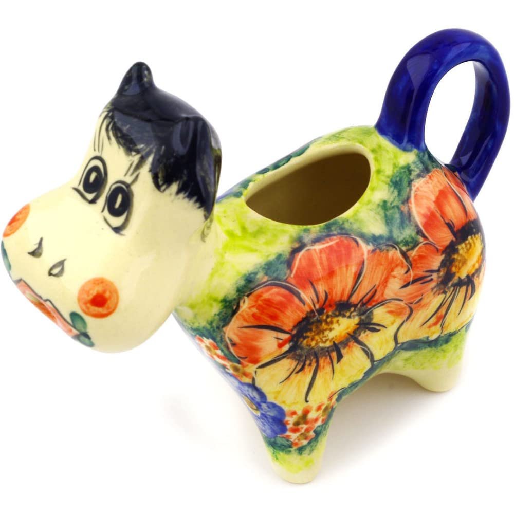 Polmedia Polish Pottery Cow Shaped Creamer UNIKAT - Mystical Garden Pattern Handmade in Boleslawiec Poland + Certificate of Authenticity