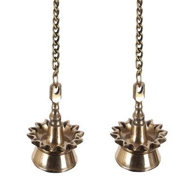 AmiLuv_Collections Ethnic Indian Design 14 Oil Wick Brass Hanging Diya Pair (Pack of 2), Antique, Standard