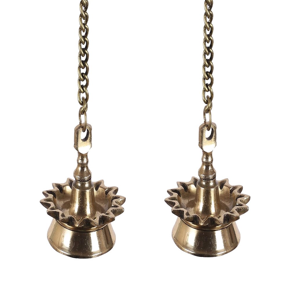 AmiLuv_Collections Ethnic Indian Design 14 Oil Wick Brass Hanging Diya Pair (Pack of 2), Antique, Standard