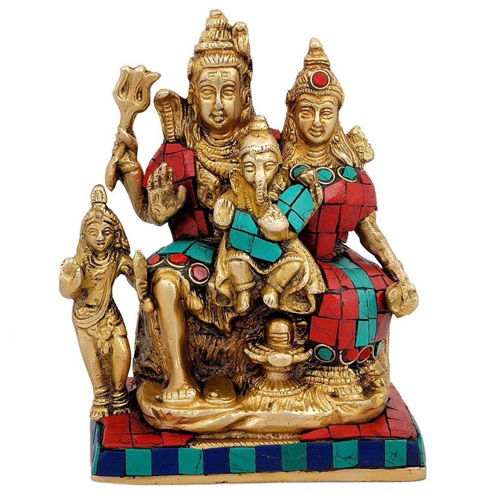 AmiLuv_Collections Shiv Family Shiva Parvati Ganesh and Kartikeya Brass Metal with Golden Finish Statue Idol for Home Dcor Gifts Pooja Temple