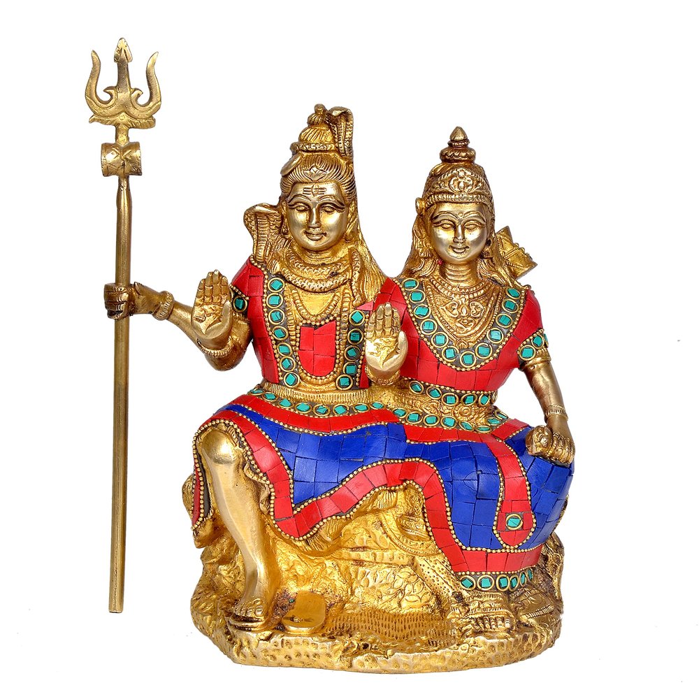 Brass Shiv Parvati Idol Murti Sculpture for Home Office Temple Multicolour Height 9.5 Inches by AmiLuv_Collections