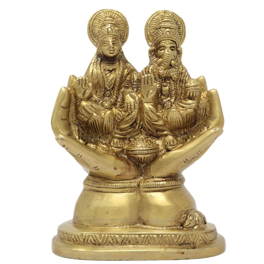 Lord Ganesha and Goddess Laxmi Seated on Palm of Hand Hindu Art and Sculpture for Home Decor 5.5x3.5x2 inch; 750 Grams by AmiLuv_Collections