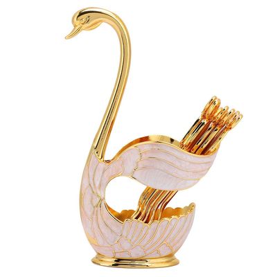 Coffee Dessert Spoon Set, European Style Swan Base Holder Spoon Organizer with 6pcs Spoons, Metal Dessert Flatware Set for Fruit Dessert Ice Cream(Golden White)