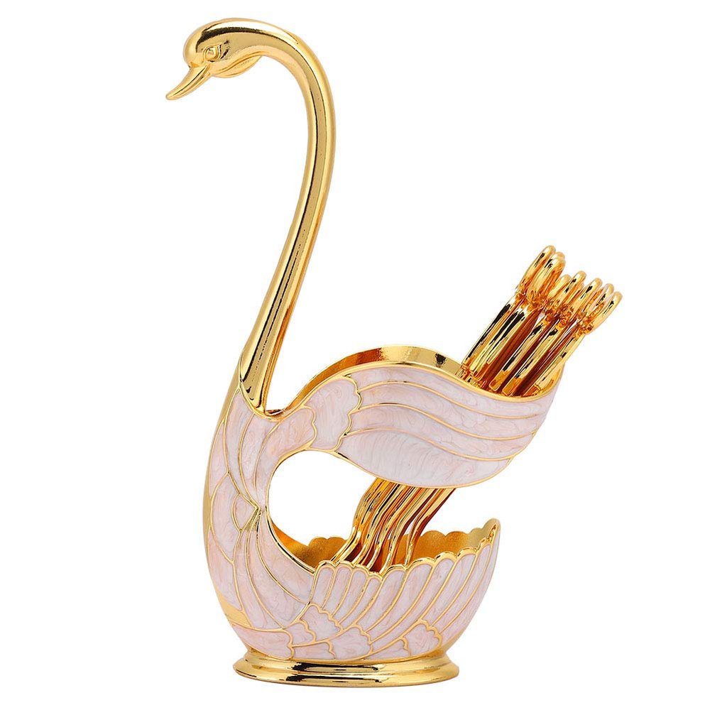 Coffee Dessert Spoon Set, European Style Swan Base Holder Spoon Organizer with 6pcs Spoons, Metal Dessert Flatware Set for Fruit Dessert Ice Cream(Golden White)