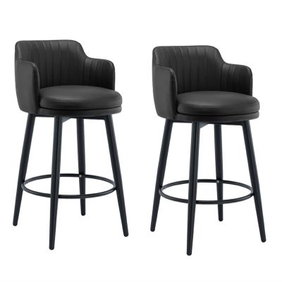Black Barstools Set of 2 with Backs Swivel Bar Island Chairs, Counter Height Bar Stools, Nappa Leather Black Metal Legs Round Upholstered Seat, for Bars, Cafe, Kitchen, Pubs ( Sitting height : 65cm )