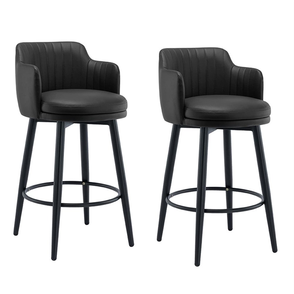 Black Barstools Set of 2 with Backs Swivel Bar Island Chairs, Counter Height Bar Stools, Nappa Leather Black Metal Legs Round Upholstered Seat, for Bars, Cafe, Kitchen, Pubs ( Sitting height : 65cm )