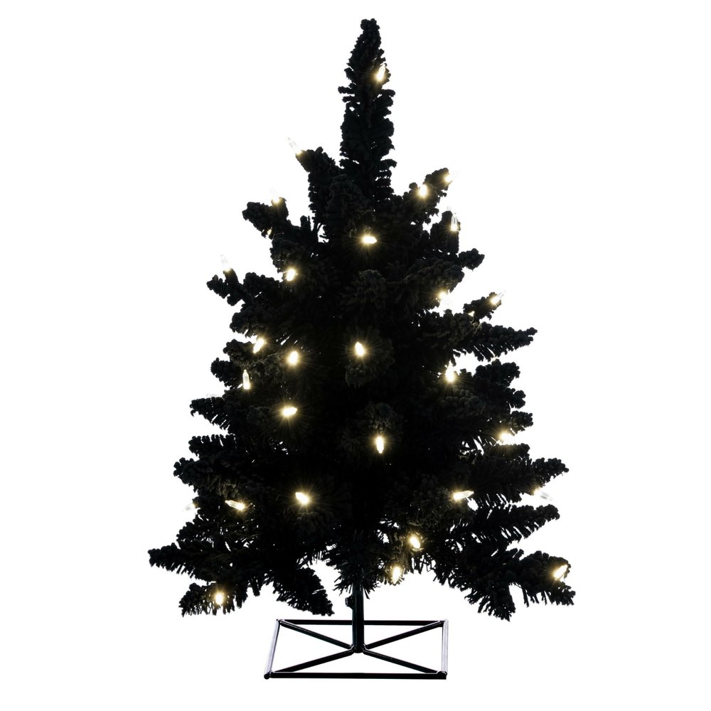 Vickerman 3' x 25" Flocked Black Fir Artificial Christmas Tree, Prelit - Lifelike Indoor Seasonal Home Decor - Maintenance Free Faux Christmas or Halloween Home Decor