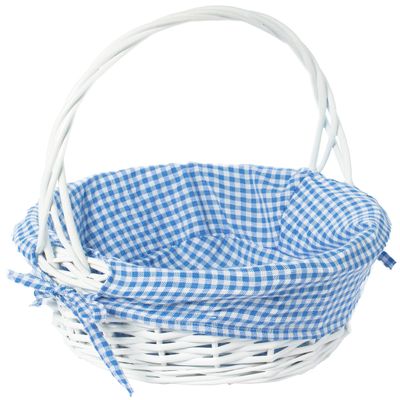 White Round Willow Wicker Gift Basket with Blue and White Gingham Liner, Small, Decorative Picnic Basket with Handles, Empty Wicker Basket for Gifts