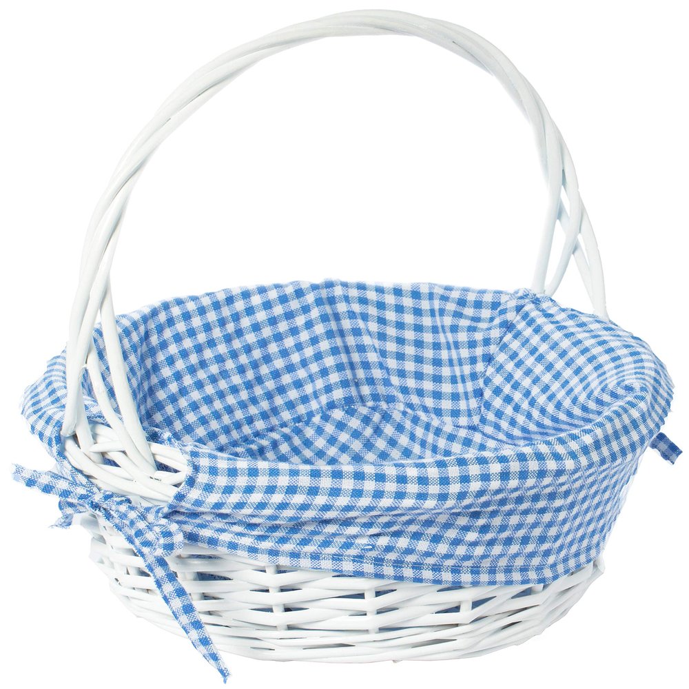 White Round Willow Wicker Gift Basket with Blue and White Gingham Liner, Small, Decorative Picnic Basket with Handles, Empty Wicker Basket for Gifts