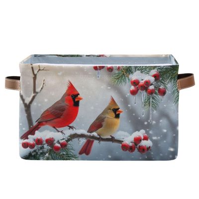 Winter Cardinal Birds Snow Storage Basket Fabric Laundry Baskets Christmas Tree Holly Berry Branches Storage Boxes Organizer Bag for Baby Cloth Dog Toy Book Storage Cubes Shelf Closet Bins 16128
