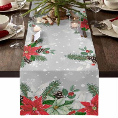 Ldtrchee Christmas Table Runner - Cotton Linen 72 Inches Long, Poinsettia Eucalyptus Leaves Tablerunner Dress Scarves, Winter Snowflake Table Runner for Dining/Coffee/Holiday, Grey Xmas