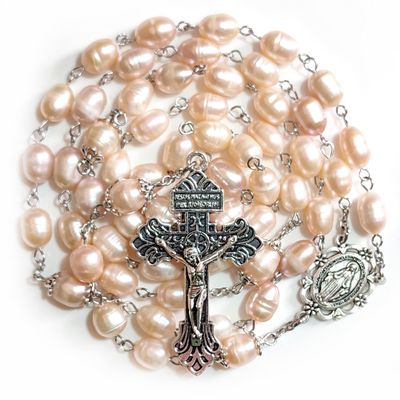 Rosary Beads Chaplet Rosaries Olive shape Natural Pearl Rosery Cross Catholic gifts (Pink)