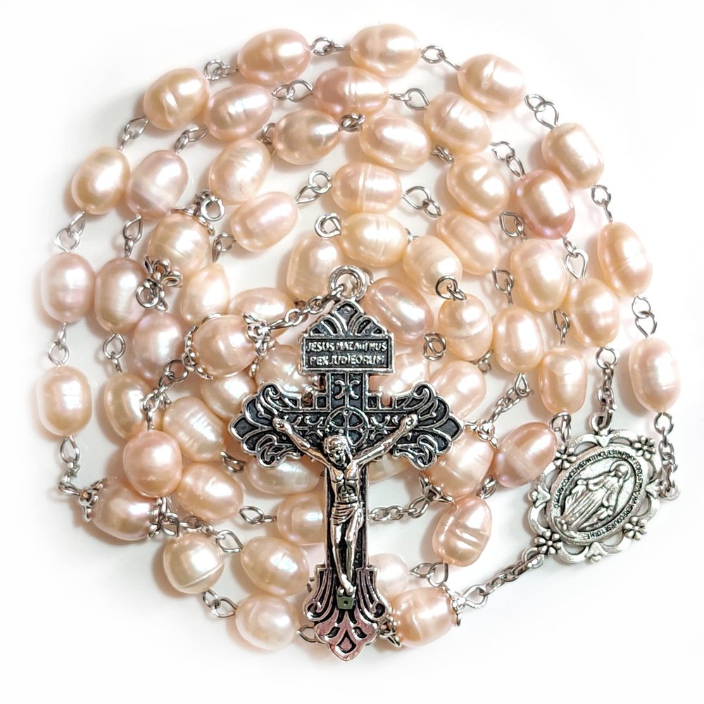 Rosary Beads Chaplet Rosaries Olive shape Natural Pearl Rosery Cross Catholic gifts (Pink)
