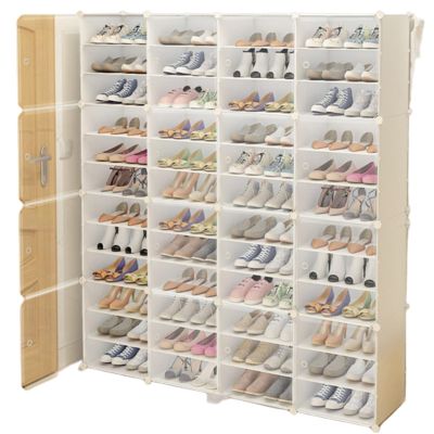 Sneaker Shoe Organizer, 12Tiers x 4 Rows DIY Narrow Stackable Freestanding Shoe Organizer, Transparent Shoe Box for Sneakers, Flats - Free Removalble Partition to Fit High Boots (Height 65.7")
