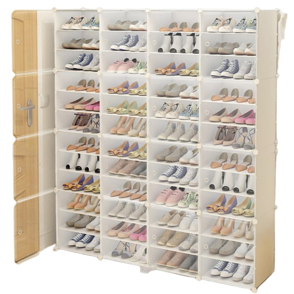 Sneaker Shoe Organizer, 12Tiers x 4 Rows DIY Narrow Stackable Freestanding Shoe Organizer, Transparent Shoe Box for Sneakers, Flats - Free Removalble Partition to Fit High Boots (Height 65.7")