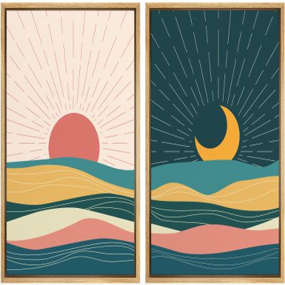 wall26 Framed Canvas Wall Art Print Set Geometric Desert Sun & Crescent Moon Landscapes Nature Shapes Illustrations Modern Art Tropical for Living Room, Bedroom, Office - 16"x24"x2 Natural
