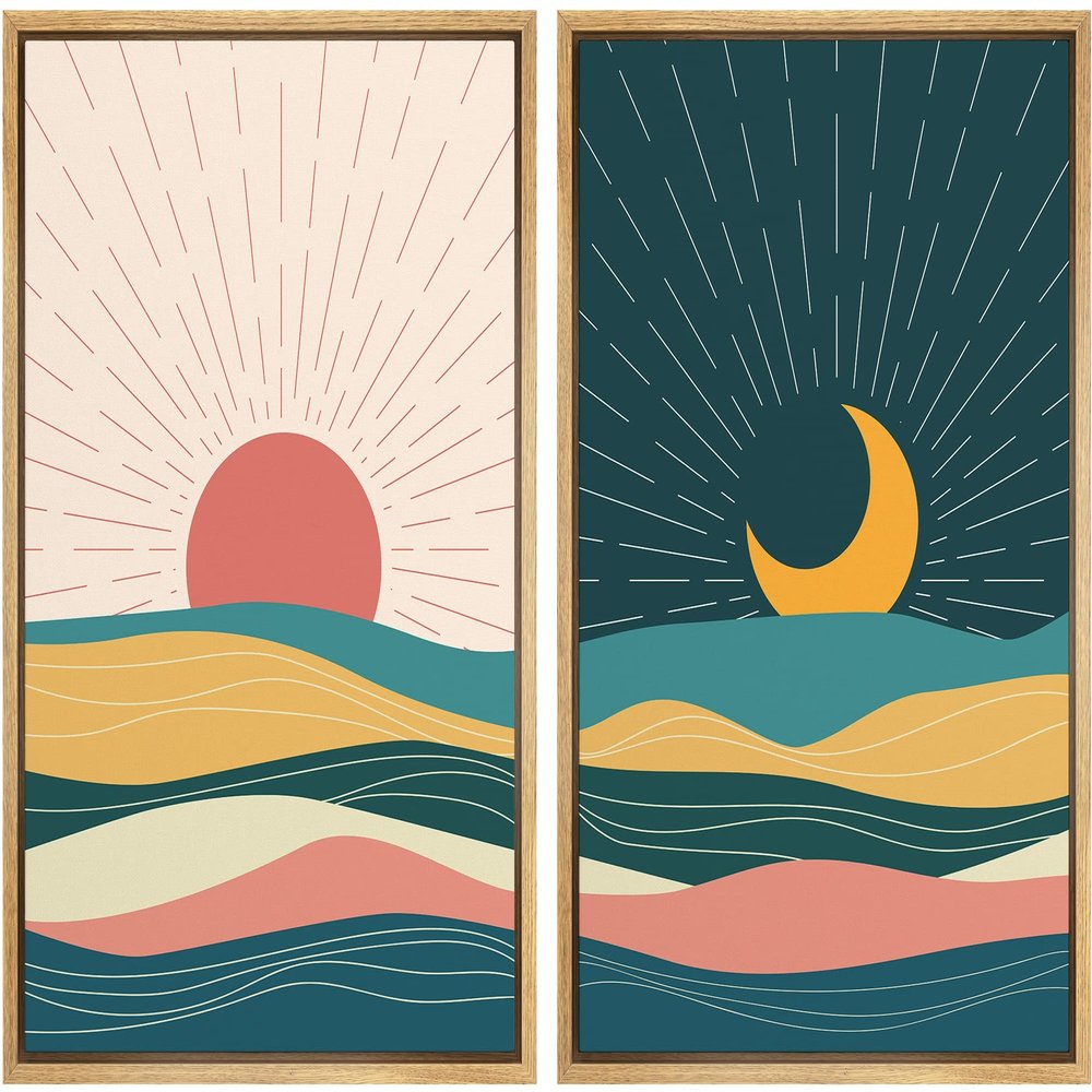 wall26 Framed Canvas Wall Art Print Set Geometric Desert Sun & Crescent Moon Landscapes Nature Shapes Illustrations Modern Art Tropical for Living Room, Bedroom, Office - 16"x24"x2 Natural