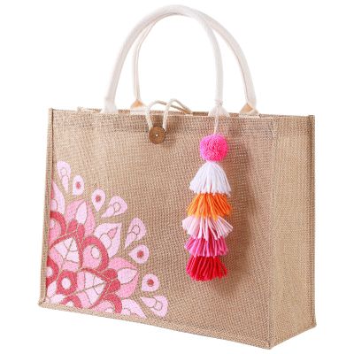 itgowisa Pink Jute Tote Bag for Women, Waterproof Burlap Beach Tote with Pocket & Tassel, Lightweight Reusable Shopping Market Bag, Cute Summer Gift for Her