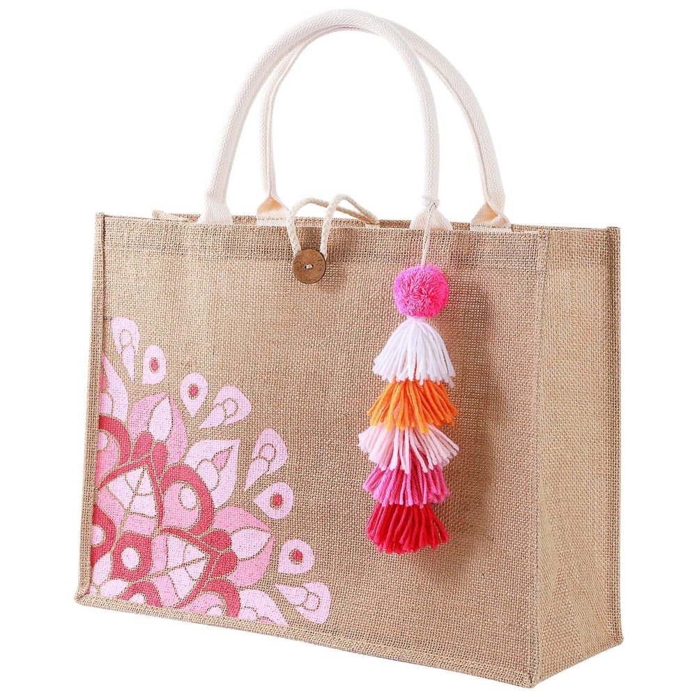 itgowisa Pink Jute Tote Bag for Women, Waterproof Burlap Beach Tote with Pocket & Tassel, Lightweight Reusable Shopping Market Bag, Cute Summer Gift for Her