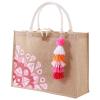 itgowisa Pink Jute Tote Bag for Women, Waterproof Burlap Beach Tote with Pocket & Tassel, Lightweight Reusable Shopping Market Bag, Cute Summer Gift for Her view 1