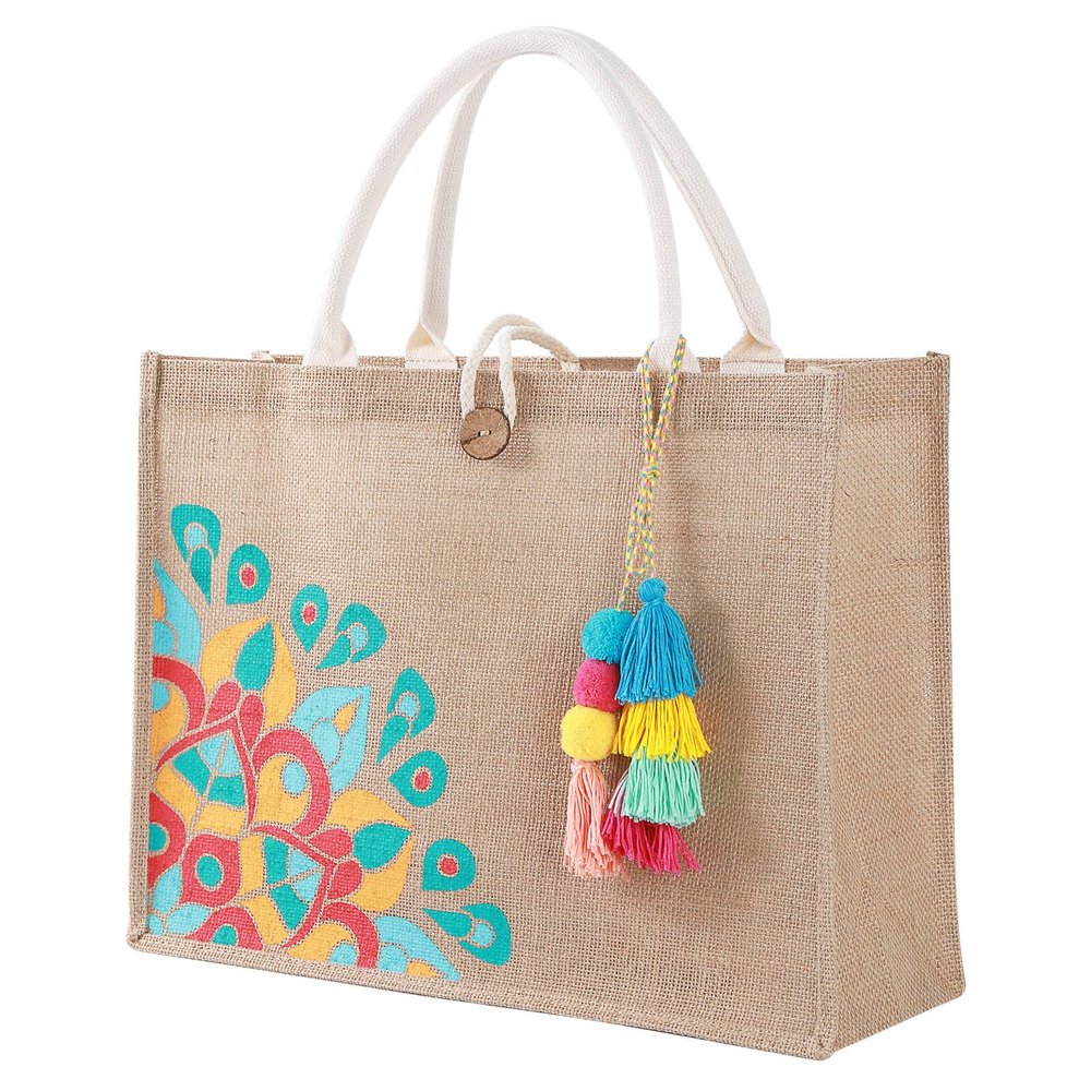 itgowisa Large Jute Beach Tote Bag for Women, Waterproof Burlap Straw Tote with Pocket & Tassel, Lightweight Reusable Shopping Grocery Bag, Cute Summer Gift for Her