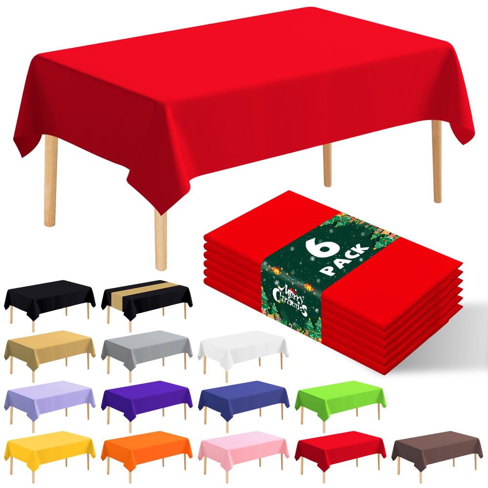 6 Pack Premium Disposable Plastic Tablecloth 54" x 108" Party Table Cloths Disposable for 6 to 8 Foot Tables Indoor or Outdoor Parties Birthdays Weddings Christmas Anniversary Buffet Table (Red)
