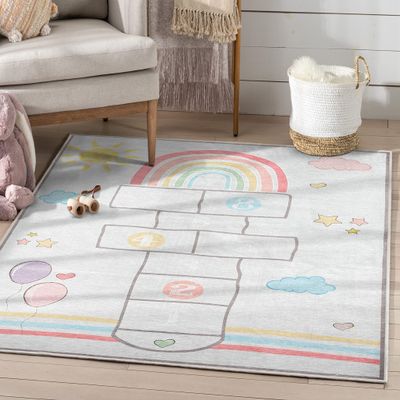 Well Woven Kids Collection Hopscotch Rug Playmat Grey Multicolor 5' x 7' Area Rug