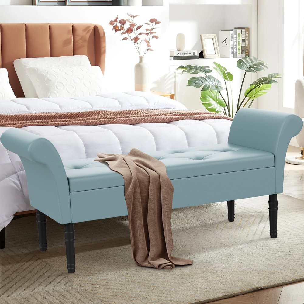 annjoe Storage Ottoman Bench Bedroom Bench Bed Entryway Hallway Chest, Footrest, Padded Seat Blue Green