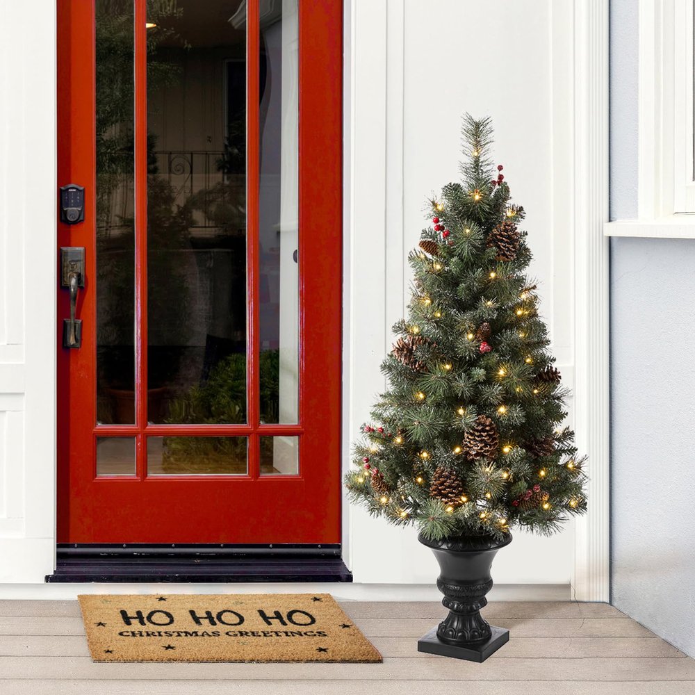 Glitzhome 4ft Prelit Artificial Christmas Tree, Small Christmas Tree with 224 Pine Needle&PVC Mixed Tips,100 Warm White Lights, Pinecones&Red Berries, Flocked Potted Christmas Tree for Xmas Decoration