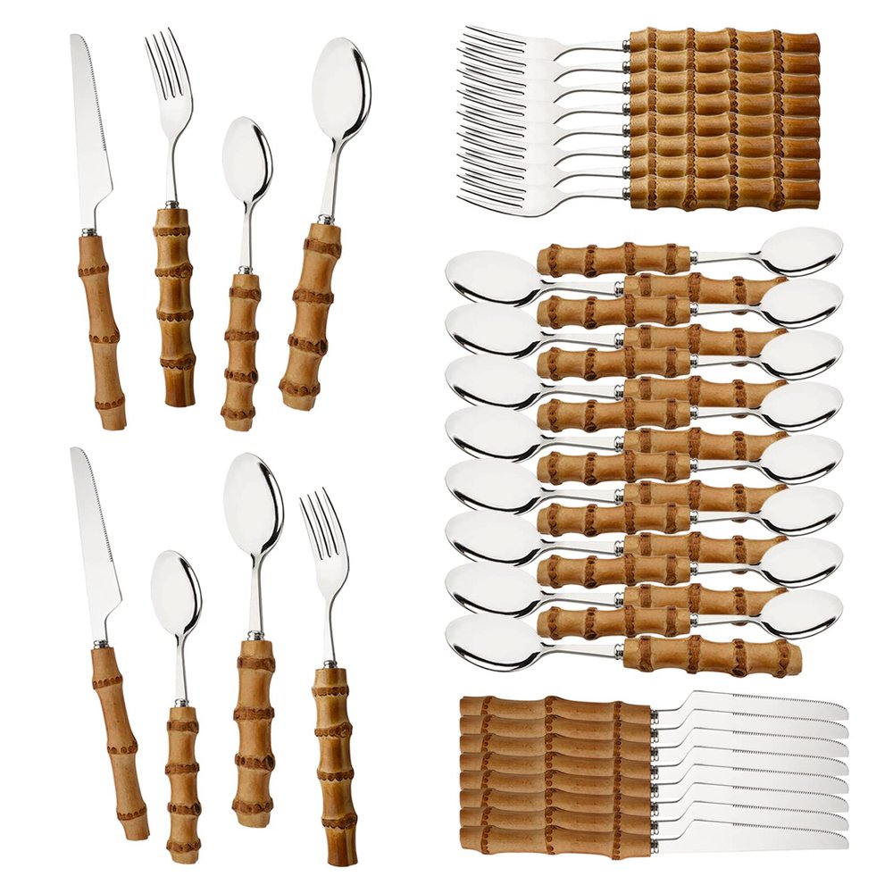 Uniturcky 40 Pcs Bamboo Handle Cutlery Sets, Natural Bamboo Flatware Set for 10, Silver Stainless Steel Silverware Set for Home Party Restaurant, Handcrafted Eating Utensils, Include Knife Fork Spoon